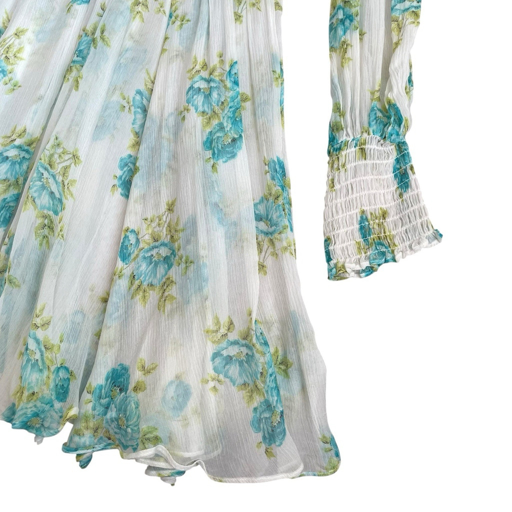Zimmermann Silk Green White Floral Smocked Babydoll Mini Dress Size 1 M No Liner - Picture 15 of 16